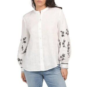 Elie Tahari White linen Button Up with Black Embroidery